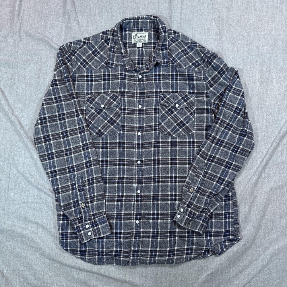 Lucky Brand Shirt Mens XL Gray Blue Plaid Flannel Western Pearl Snap Pockets‎